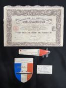 OCEAN LINER: Collection of Il De France and France items, plus share certificate.