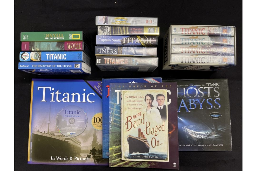 R.M.S. TITANIC: Mixed collection of related DVDs and books.