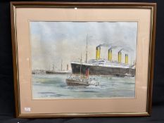 R.M.S. TITANIC: 20th Century English School S.S. Titanic 'Last Landfall Queenstown 1912' watercolour