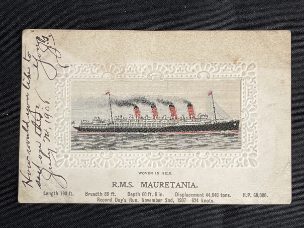 R.M.S. MAURETANIA: Unusual on board silk postcard, postally used Queenstown 1908.
