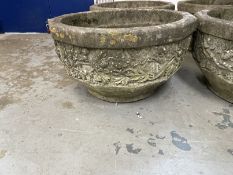 Gardenalia: Mid 20th cent. Pair of large reconstituted planters with vine and leaf decoration.