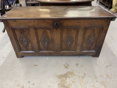 18th cent. Oak coffer, four panels with lozenges to the front, four plain panels to the rear and two