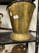 19th cent. Brass warming pan and coal scuttle, together with a copper kettle and coal scuttle, brass