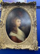 19th cent. English School: Oil on canvas head and shoulders portrait of a young woman wearing a