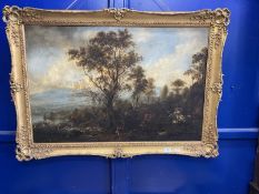 19th cent. Oil on canvas, hunting scene, in a gilt shell and scroll frame, canvas relined by