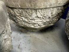 Gardenalia: Mid 20th cent. Pair of large reconstituted planters with vine and leaf decoration.