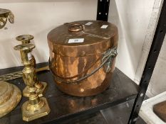 19th cent. Copper cook pot together with a 20th century brass stick stand by Peerage, chestnut