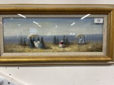 20th cent. English School: Oil on canvas Edwardian beach study with figures. 7ins. x 18ins. Plus oil