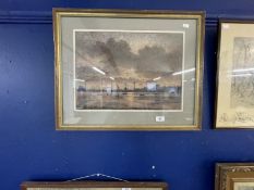 Vincent Plant: c1900 Mall Gallery Pastel Society Docks at Sunrise/Sunset, pastel, signed V. Plant,