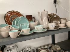 20th cent. Ceramics: Poole Pottery, two part tea/coffee sets. Brown/cream set comprising coffee pot,