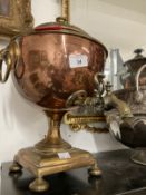 19th cent. Metalware: Brass and copper samovar on four brass feet, the samovar is approx. 15ins. x