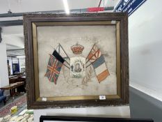 Militaria: Needle craft, silk framed photographs of a young sailor his cap sash 'H.M.S Emperor of
