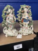 18th cent. Derby: Figures of boy and girl standing in a floral bower on raised scroll bases, a pair.