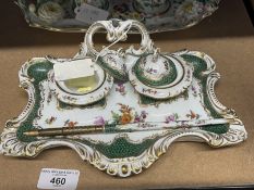 19th cent. Dresden inkstand c1890 white ground, green and gilt scale decoration with minute
