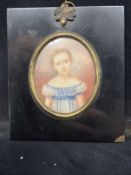 18th cent. Portrait miniature on ivory, a young girl in ebonised frame, unsigned. 4¾ins. x 4ins.
