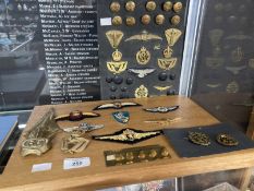 Military: RAF insignia mounted on a plaque belonging to Captain Richard Wharmby, a card of buttons