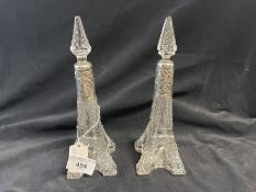 Victorian matching pair of cut glass and silver collar Eiffel Tower scent bottles, Birmingham 1900.