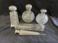 Hallmarked Silver: Perfume bottles, hobnail cut base 5ins. Birmingham mark, another smaller 4ins.