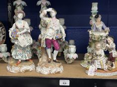 19th cent. German figural three branch candlesticks male and female flower sellers decorated in