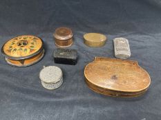 19th & 20th cent. Snuff/Patch Boxes: Papier mache x 1, metal circular x 2, embossed x 1, oval
