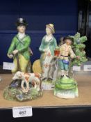 19th cent. Staffordshire pearlware figures, gamekeeper and dog, female archer beside a straw