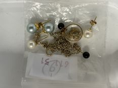 Jewellery: 9K gold chain and gold nugget pendant. Length 19ins. Weight 3g. Plus three pairs of 9K