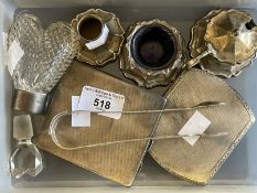 Hallmarked Silver: Condiment set with blue glass liner, glass scent bottle with silver collar, sugar