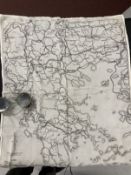 Militaria: WWII RAF tinted anti-glare sunglasses and a silk escape map of Greece, Albania and