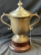 Hallmarked Silver: Trophy, double scroll handles with cover attached. Height including cover 8ins.