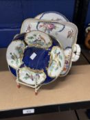 18th cent. French porcelain oval dish, cobalt blue ground and gilt panels of polychrome painted