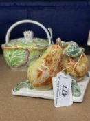 19th cent. English Staffordshire potpourri basket moulded with cabbage leaves and puce veining. Plus