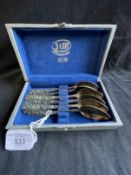 Russian Silver: White metal set of six teaspoons with blue and green enamelled floral decorated