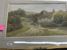 George Oyston (British) (1861-1937): 20th cent. Watercolour, landscape cottage with three figures