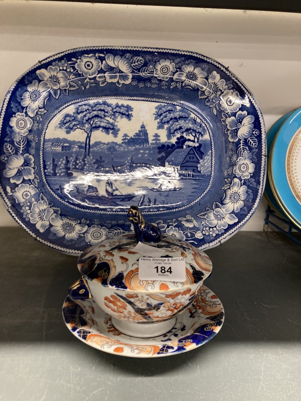 19th cent. English Ceramics: Masons Imari bowl, stand and cover, Spode blue and white meat serving