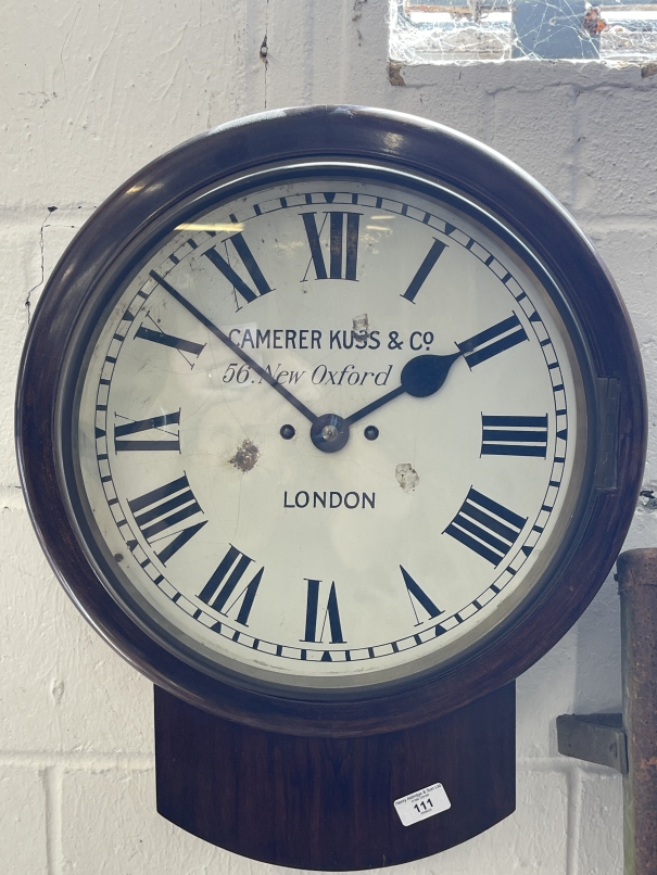 WALL CLOCK BY CAMERER KUSS & CO: Mahogany framed dial wall timepiece by Camerer Kuss & co of 56