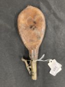Shooting: 19th cent. Brass and leather shot powder flask, stamped Warranted leather.