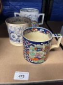 19th/20th cent. Ceramics: Three ceramic mugs, a twin handled 'God Speed The Plough' mug, an opaque