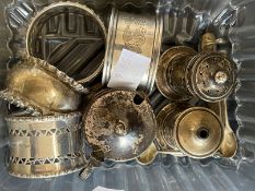 Hallmarked Silver: Napkin rings, condiments set with blue glass liner, salt spoon, enamel salt spoon