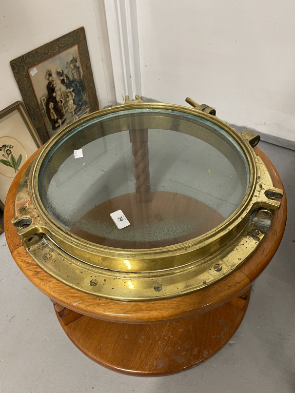 20th cent. Brass porthole mounted into a coffee table in the marine style. 22ins. - Image 2 of 2