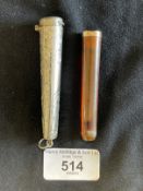9K gold and amber cheroot with chased hallmarked silver case.