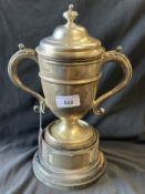 Hallmarked Silver: Trophy, double scroll handles with cover attached. Height including cover 9ins.