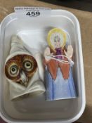 Candle Extinguisher: Royal Worcester early 20th cent. Owl brown face and old woman, brown cloak,