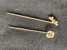 Jewellery: Two stock pins one yellow metal with a 9ct gold top set with a pearl, the other 15ct gold