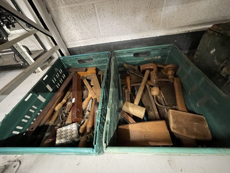 Zinc lined wooden crate,wooden box, wooden bound suitcase and two crates of assorted hand tools - Image 2 of 2