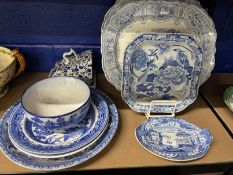 19th cent. Blue and white meat platters, blue printed lakeside scene marked Syria R.A.K. & Co to