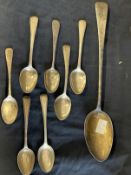 Hallmarked Silver: Basting spoon, London 1830 and seven teaspoons. 7.3oz.