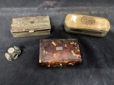 19th cent. Tortoiseshell and horn snuff boxes, the base covered in white metal engraved with