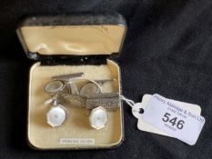 Jewellery: White metal cufflinks set with mother of pearl, stamped silver. Plus a pair of