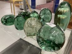 19th cent Paperweights: Green glass, floral pattern x 4, green glass air bubble x 3, plus one