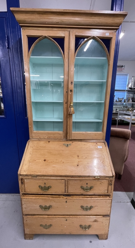 19th cent. Pine bureau glazed bookcase with inset coloured glass panels. 30ins. x 18ins. x 75ins.